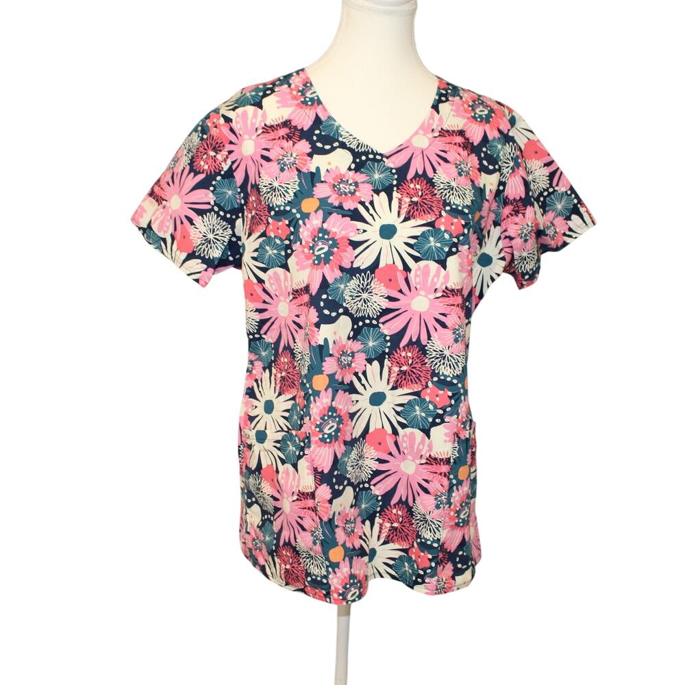 Zoe & Chloe Womens Scrub Top Sz M short sleeve Floral multicolor Cotton